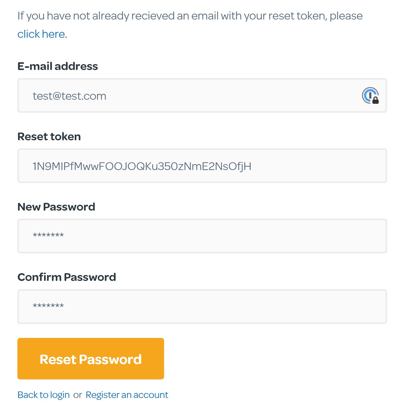 Reset Password page